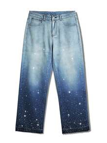 Manfinity EMRG Quần ống rộng dáng suông nam phong cách đường phố Mỹ, chất liệu vải denim bạc màu, đính đá lấp lánh. - Rửa trung bình - Xem 4