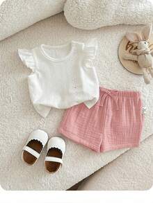1-Piece Newborn Summer Cute White Top And Shorts Set With Elastic Waist - Multicolor - View 2