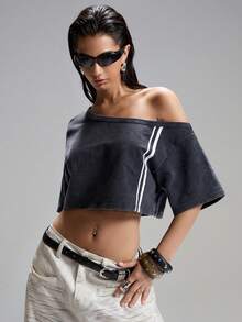 LYSMO Áo sweatshirt nữ tay ngắn dáng suông, màu xám bạc, kẻ sọc, kiểu dáng bất đối xứng, phong cách tối giản, thích hợp mặc đi chơi, phong cách đường phố Y2K, áo crop top nữ, áo kiểu nữ, áo crop top nữ mùa hè. - Màu xám đen - Xem 3