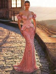 Glamrae Elegant Luxurious Beaded,Sequin & Embroidered One-Shoulder Mermaid Dress With 3D Floral Sleeves,Suitable For Bridal,Mother Of The Bride Formal Gowns - Dusty Pink - View 1