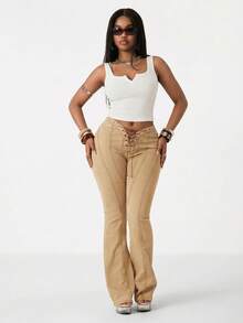 Vadaroq Women's Spring/Summer Vintage Basic Concert Rave Festival Going Out Renaissance Fair Club Sexy Y2K Rib Knit Textured White Notched Collar Truncated Tank Top - White - View 3