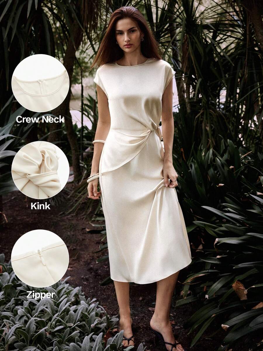 Maija 杏色缎面圆领短袖中长连衣裙，现代都市风格 - 杏色 - 查看 1