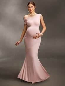 Cheriluna Maternity Asymmetric Shoulder Backless Tie Dress, Sexy Minimalist Maternity Photoshoot - Pink - View 3