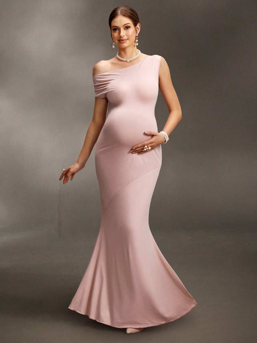 Cheriluna Maternity Asymmetric Shoulder Backless Tie Dress, Sexy Minimalist Maternity Photoshoot - Pink - View 1