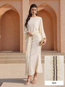 Elegant Long Sleeve Asymmetrical Hem Blouse & Fitted Skirt 2 Pieces Set, Flattering & Fashionable - Apricot - View 4