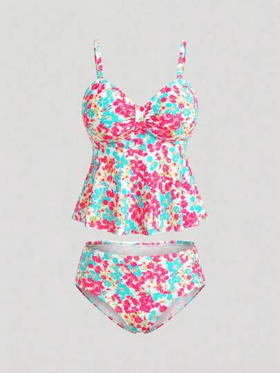 Sweetra CURVE Plus Size Women 2 Pieces Mini Ditsy Floral Low Neck Tankini Set, Slimming Removable Padded Swimsuit For Holiday Beach For Summer Beach Vacation