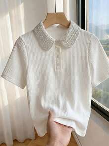 Lyxana Women's Fashion Pearl Decor Turndown Collar Button Half-Placket Short Sleeve T-Shirt - White - View 1
