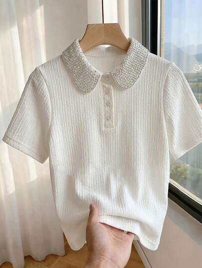 GlowEve Women's Fashion Pearl Decor Turndown Collar Button Half-Placket Short Sleeve T-Shirt