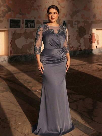 Serin Plus Size Elegant Luxurious Romantic Gray Round Neck Applique Design 3/4 Sleeve Ruched Mermaid Hem Dress, Suitable For Evening Party, Gala, Wedding, Music Festival, Mother Of The Bride Mother Of The Bride Dress Plus Size Mother Of The Groom Dress Curve Elegant Dress