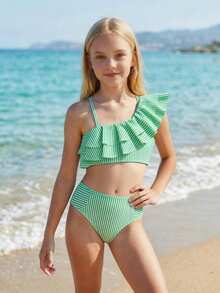 SHEIN 少女黄色条纹比基尼套装，两件式泳衣，层叠荷叶边上衣，时尚休闲优雅，适合游泳、度假和夏季穿着。 - 綠色 - 查看 6