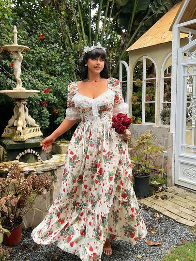 Lyrianda Plus Size Women Princess Style Cute Strawberry Print Elegant Long Dress
