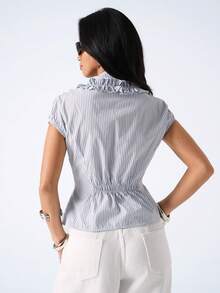 LYSMO Áo kiểu nữ thời trang kẻ sọc, bèo nhún, thắt nơ phía trước, thích hợp cho mùa hè. - Màu xanh nhạt - Xem 2