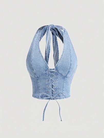 SHEIN MOD Top de denim con diseño de cordones de encaje con ojales y cuello halter sexy para mujer
