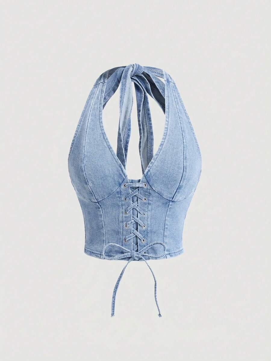 SHEIN MOD Women's Sexy Halter Neck Denim Top With Eyelet Lace-Up Design - Light Wash - View 1