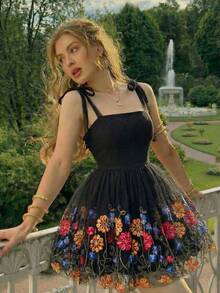 SHEIN MOD Women's Vacation Floral Embroidered Mesh Spaghetti Strap Mini Dress - Black - View 1