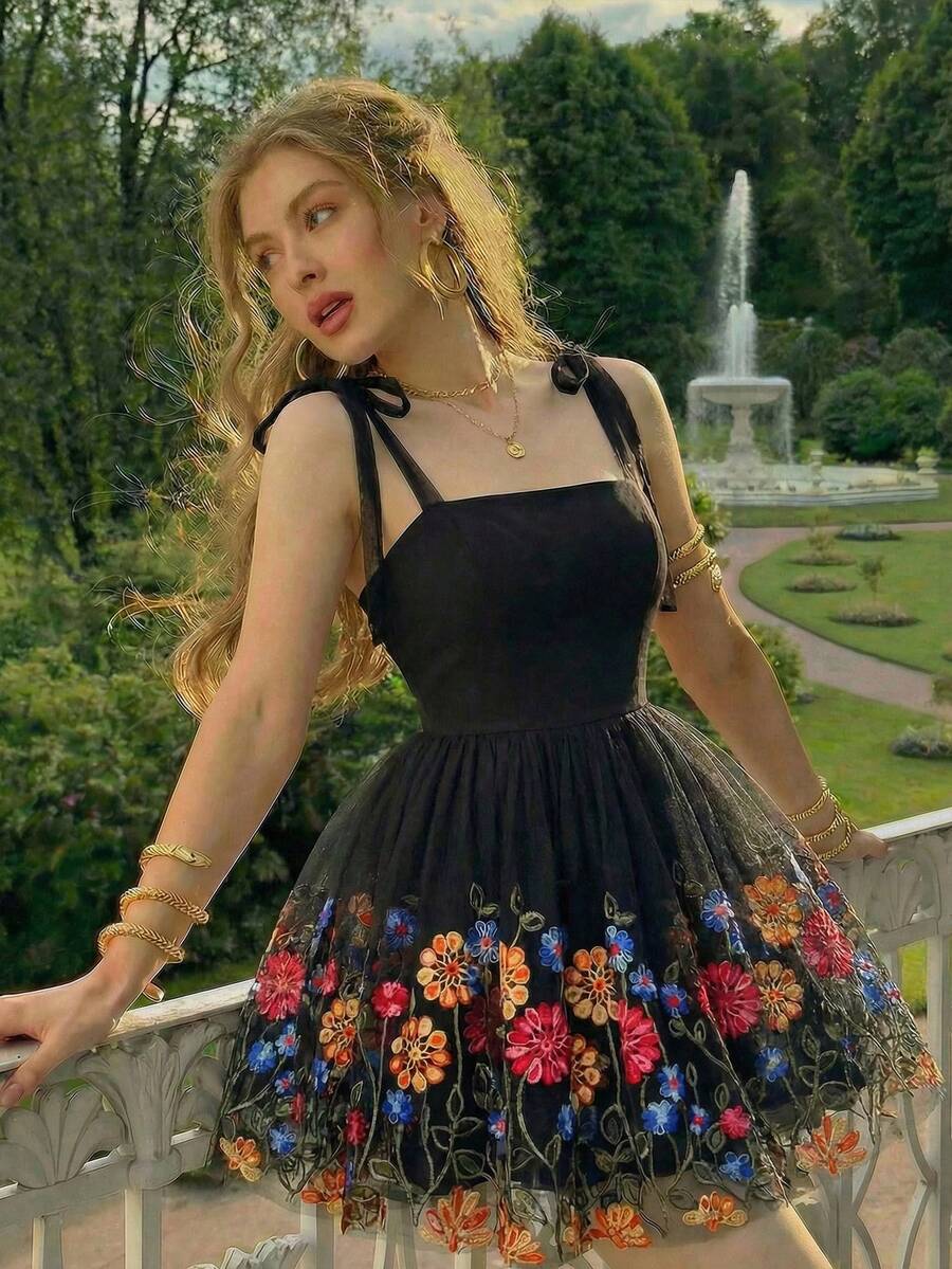 SHEIN MOD Women's Vacation Floral Embroidered Mesh Spaghetti Strap Mini Dress - Black - View 1