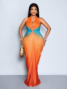 SOLERSUN Women's Plus Size Orange Summer Elegant Tea Party Deep V Plunge Halter Neck Sleeveless Ombre Printed Blue Maxi Dress Vacation Beach Music Festival - Orange - View 5