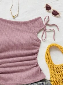 Soleia 女士度假杏色针织泡泡纹理面料不对称肩部系带修身上衣，适合派对、约会、城市街头、公路旅行、夏季海滩度假等场合。 - 粉色 - 查看 6