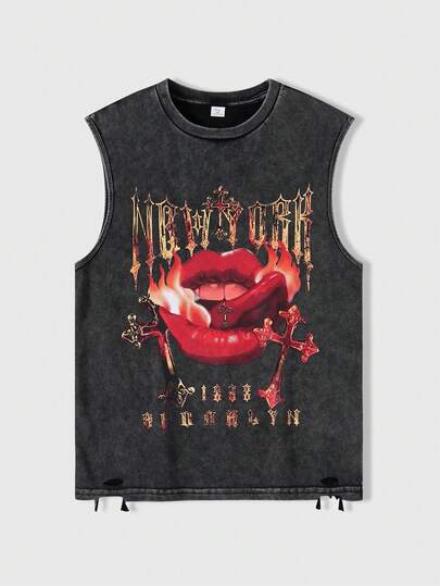 ROMWE MEN Street Life 青少年男孩街头生活唇印复古水洗背心，适合夏季穿着，校园风，展现2000年代风格