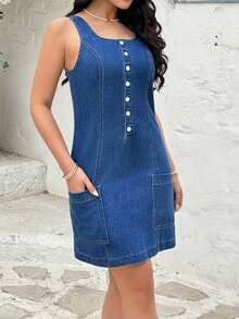 Rivivi Fashionable Pocketed Washed Denim Sleeveless Dress - Dark Wash - View 5