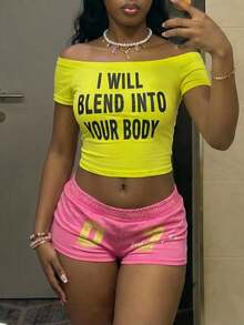 StreetHx Streetwear Women's Letter Print Off-Shoulder Short Sleeve T-Shirt - Yellow - View 8