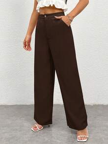 SHEIN PETITE Pantalones rectos casuales de mujer con bolsillos - Café integral - Ver 4