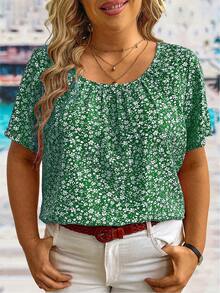 EMERY ROSE 大码圆领短袖碎花宽松休闲衬衫，夏季 - 墨綠色 - 查看 1