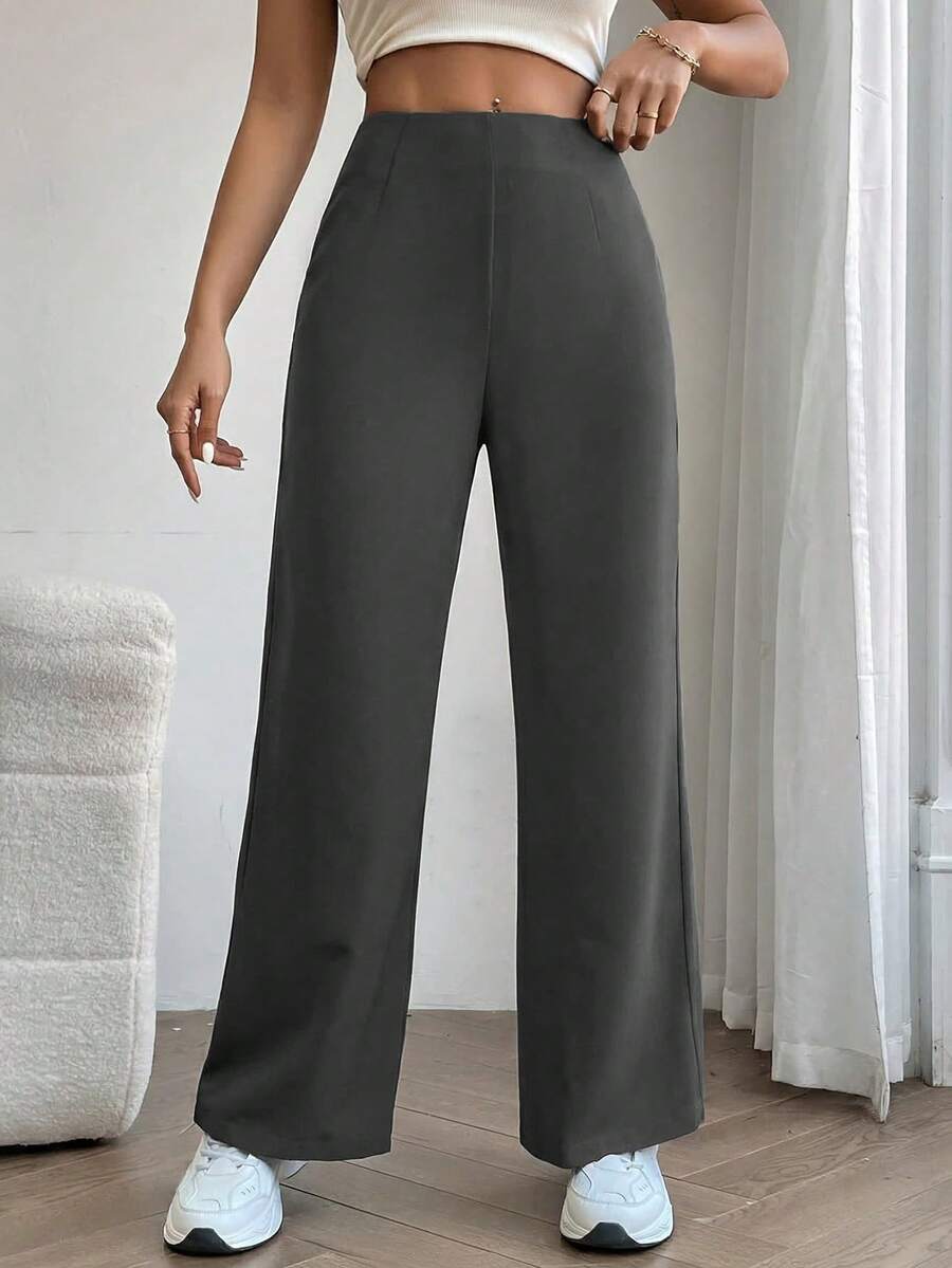 SHEIN PETITE Women's Solid Color Casual Versatile Daily Wear Pants - Grey - View 1