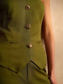 MOTF PREMIUM Conjunto de 2 piezas elegante para mujer con corbata de cuello con hebilla dorada, ajuste delgado, de lino cómodo para ir a la oficina - Verde - Ver 3