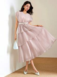Heiryn Women's Solid Color V-Neck Ruffle Hem Elegant Romantic Long Dress, Summer Multi-Layered Trim Dusty Pink Vacation - Dusty Pink - View 2