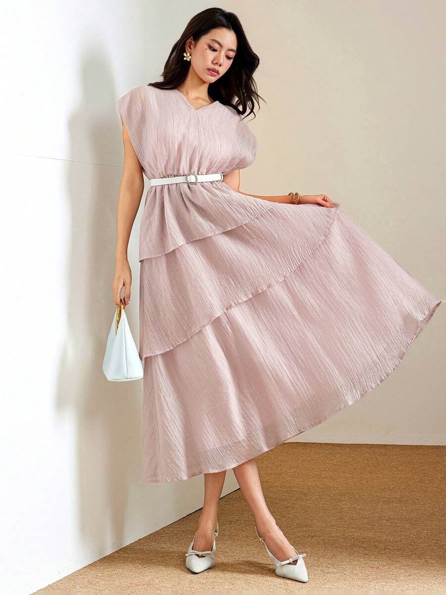 Heiryn Women's Solid Color V-Neck Ruffle Hem Elegant Romantic Long Dress, Summer Multi-Layered Trim Dusty Pink Vacation