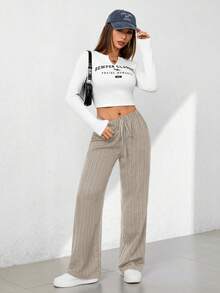 SHEIN PETITE Quần lửng ống rộng chất liệu có họa tiết, kiểu dáng thường ngày, thích hợp cho mùa hè. - Màu Khaki - Xem 5