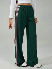 SHEIN Tall 女士弹力腰侧条纹阔腿宽松休闲运动裤，返校季 - 綠色 - 查看 4