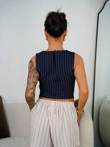 SAYEHFBABY Chaleco-blazer a rayas de estilo vintage para mujer - Azul Marino - Ver 2