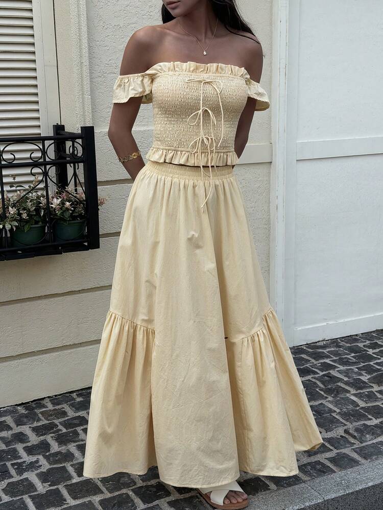 Women's Summer Simple Solid Color Tie Bow Decor Off-Shoulder Top And Skirt 2-Piece Set