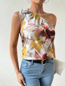 Breezaya Blusa asimétrica sin mangas con estampado de flores y hombro descubierto - Multicolor - Ver 4