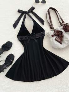 Elamini 春季性感V领露背蕾丝拼接波点双层荷叶边蝴蝶结紧身迷你连衣裙 - 黑色 - 查看 4