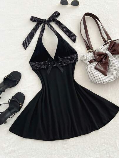 Elamini 春季性感V领露背蕾丝拼接波点双层荷叶边蝴蝶结紧身迷你连衣裙