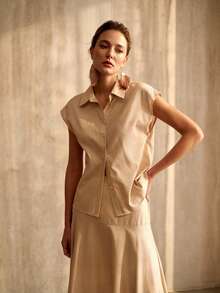 MOTF PREMIUM WOMEN'S STRIPED CASUAL SHIRT WITH WAIST BELT AND A-LINE SKIRT 2 PIECES SET, SPRING/SUMMER - Khaki - View 4