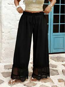 Sunnyshic 休闲宽松蕾丝边阔腿灯笼裤，松紧腰复古女裤 - 黑色 - 查看 1