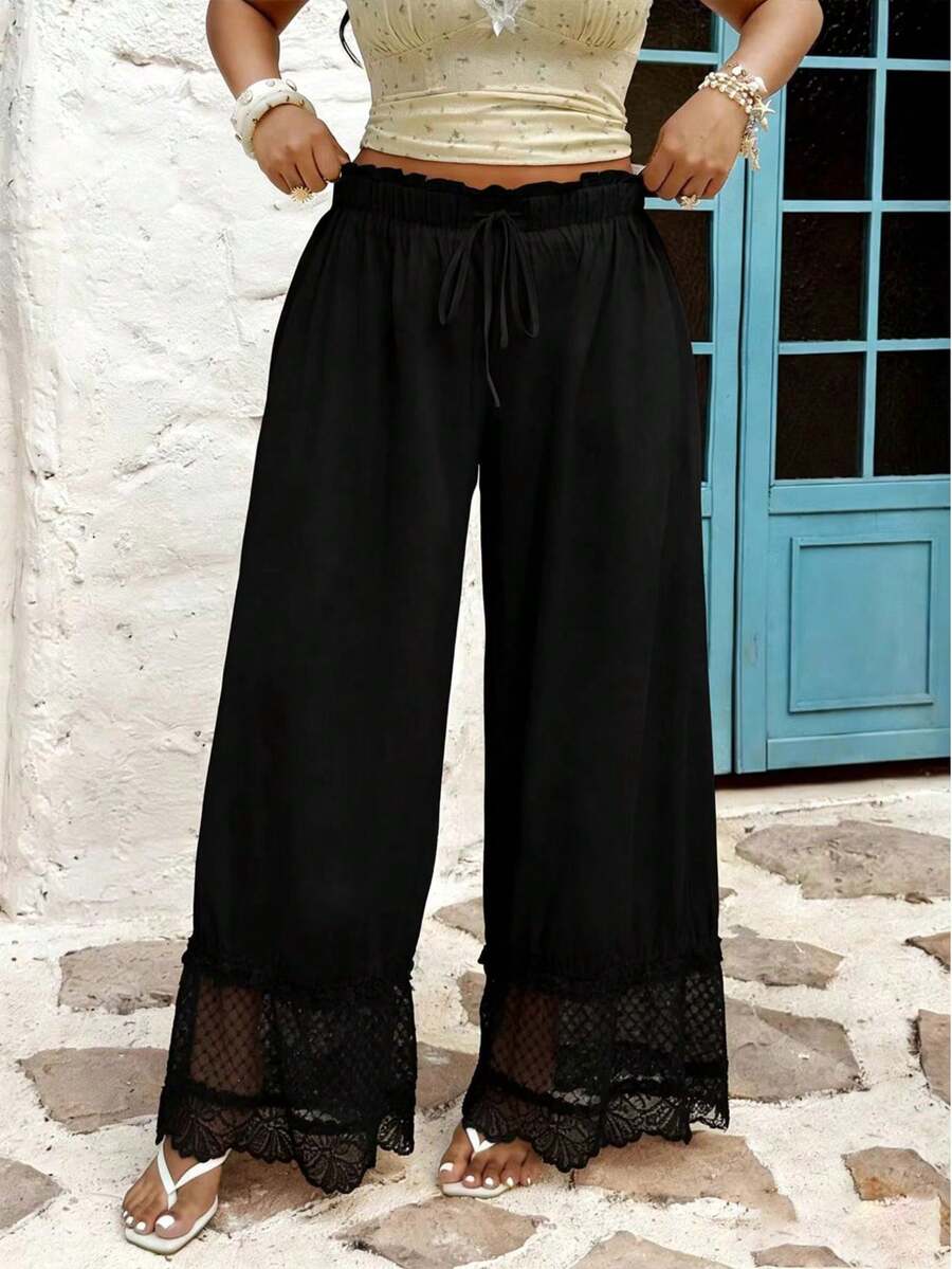 Sunnyshic 休闲宽松蕾丝边阔腿灯笼裤，松紧腰复古女裤 - 黑色 - 查看 1