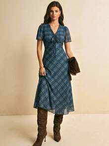 Poéselle Summer Casual Plaid Tie Collar Cinched Waist Dress Blue Midi Dress Womens Plaid Dress Plaid Dress Women Tie Front Dress French Style Dress - Gray Blue - View 4