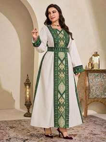SHEIN Najma Đầm kiểu Ả Rập cổ khoét eo, họa tiết hình học, dành cho nữ cỡ lớn, thích hợp mặc mùa xuân/thu. - Nhiều màu - Xem 5