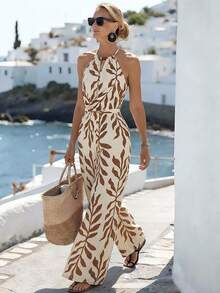 Breezaya 女士度假风休闲日常沙滩装露背系腰印花连体裤 - 米色 - 查看 3