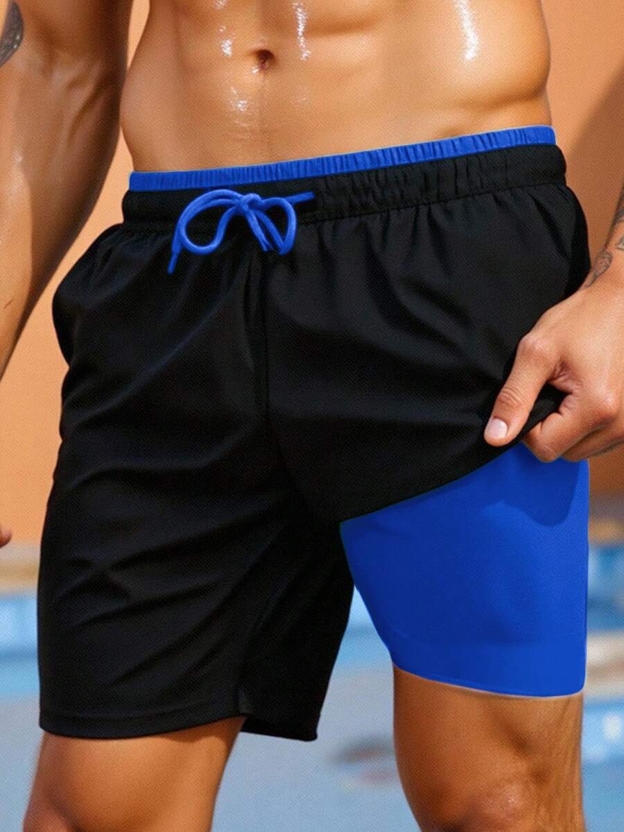 SHEIN 青少年男童沙滩裤，休闲梭织面料泳裤，适合沙滩派对、音乐节、游泳、度假、春夏、冲浪等场合。 - 寶藍色 - 查看 1