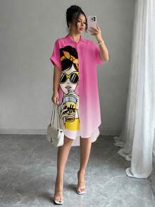 SHEIN LUNE 女士卡通人物印花短袖单排扣休闲衬衫裙 - 粉色 - 查看 4