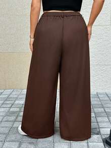 SHEIN CURVE+ Plus Size Women Solid Color Pleated Wide Leg Loose Pants - Coffee Brown - View 3