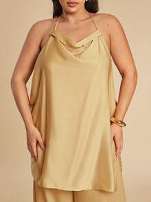 SHEIN BAE Plus Size Mustard Yellow Gold Satin Plunge Neck Backless Elegant Halter Top For Women, Summer, Wedding Guest Attire, Holiday Beach Wear, Curve Top - Orange - View 6