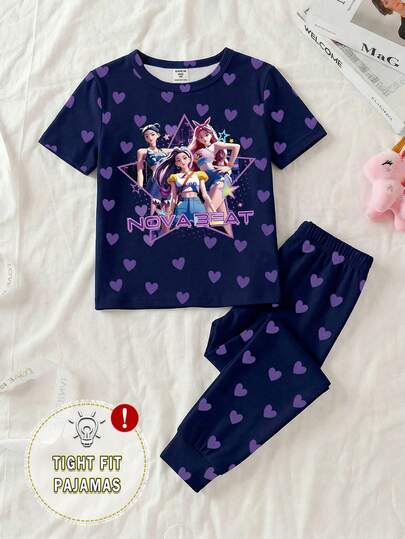 女童卡通印花睡衣套装，包括藏青色和紫色可爱爱心女孩图案针织弹力柔软短袖上衣和裤子，舒适合身，甜美可爱。
