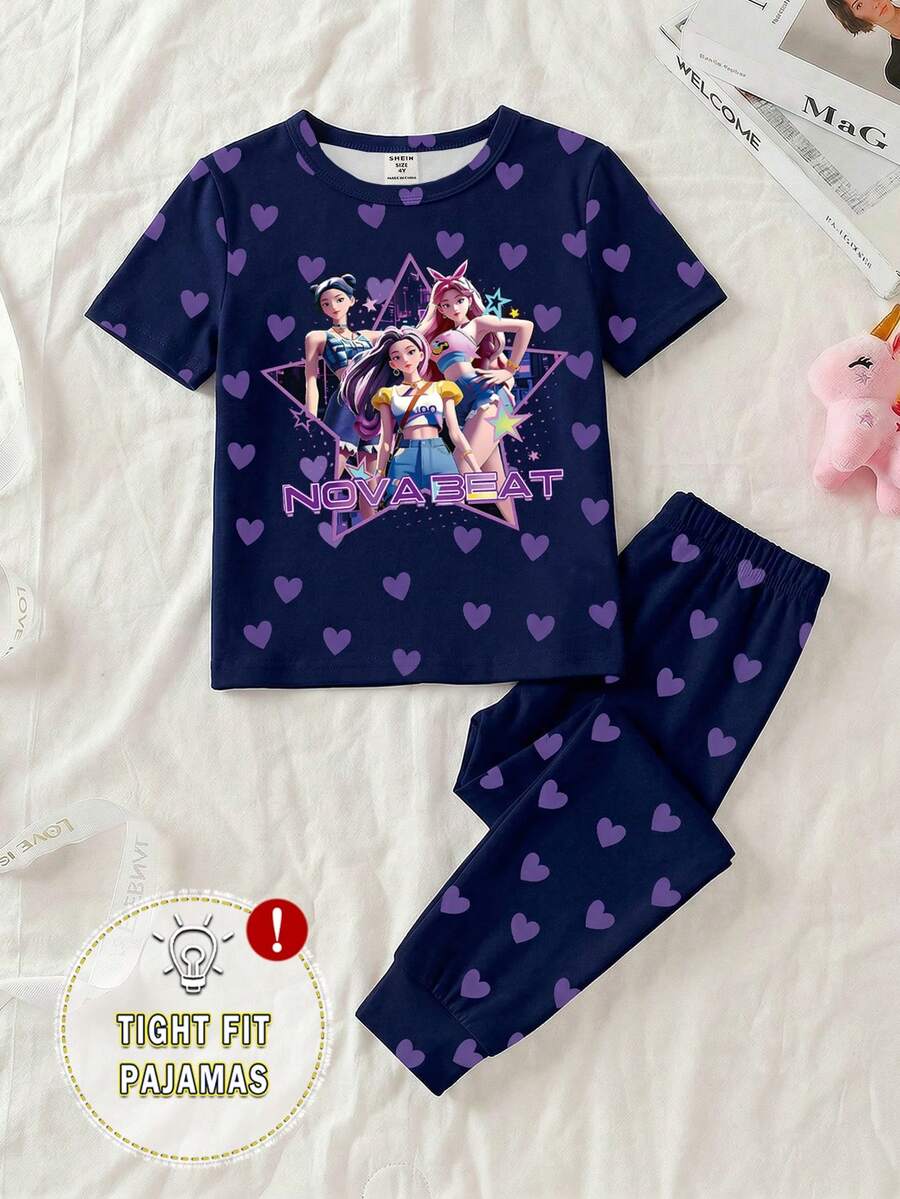 女童卡通印花睡衣套装，包括藏青色和紫色可爱爱心女孩图案针织弹力柔软短袖上衣和裤子，舒适合身，甜美可爱。 - 藏蓝色 - 查看 1